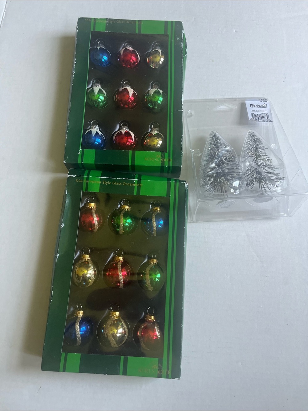 Vintage Kurt Adler Glass Christmas Ornament Set with Silver Bottlebrush Trees